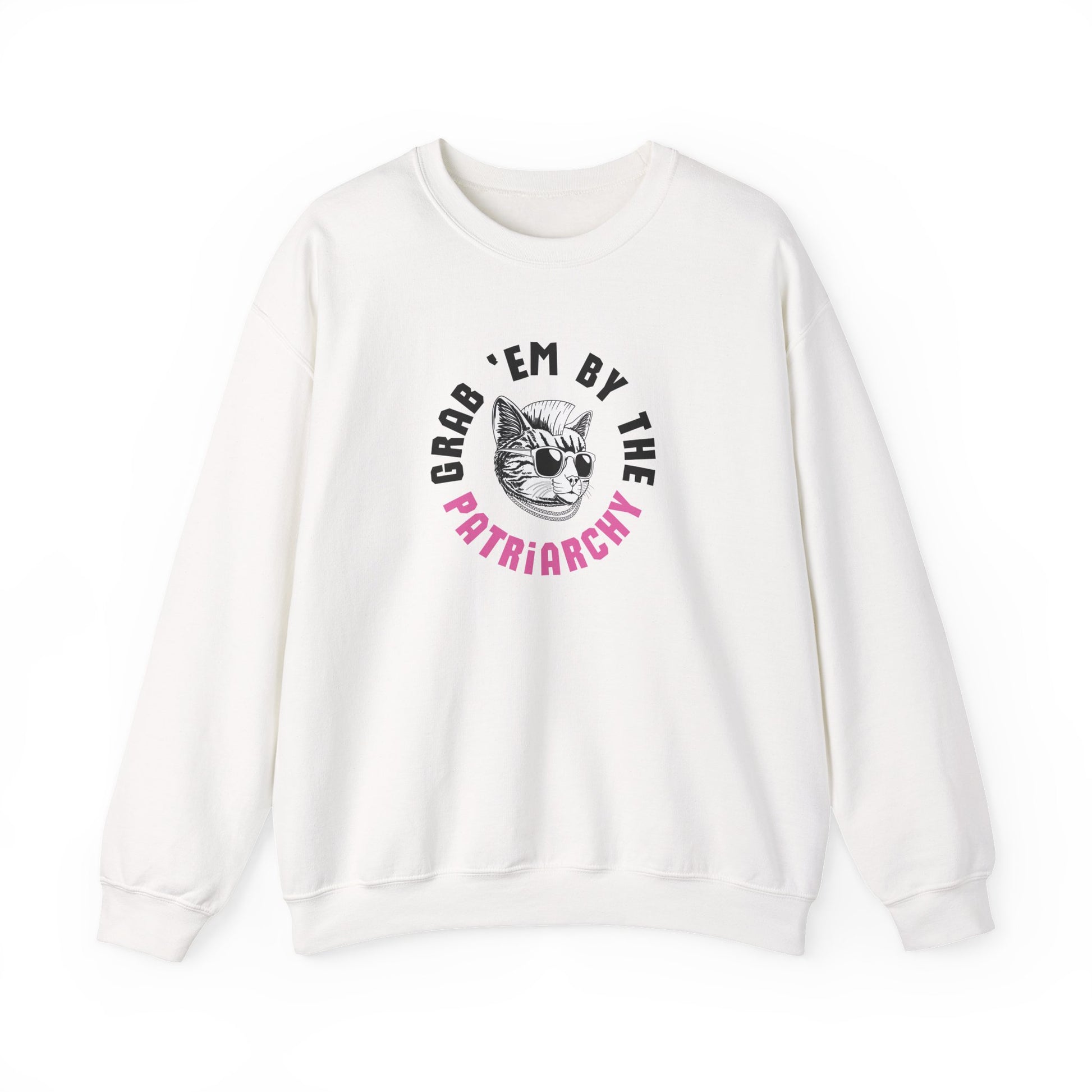 White sweatshirt with punk rock cat graphic design and black and pink text "grab 'em by the patriarchy"
