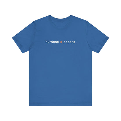 Carolina blue t-shirt with 'humans > papers' white and orange text