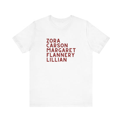 White t-shirt with red text "Zora, Carson, Margaret, Flannery, Lillian"