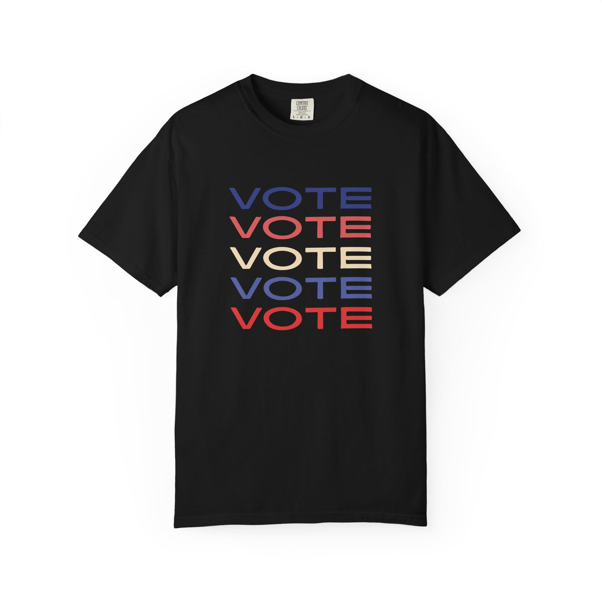 A black short-sleeve crewneck t-shirt featuring a stacked graphic print of the word 'VOTE' in blue, red, and beige, displayed on a clean white background.