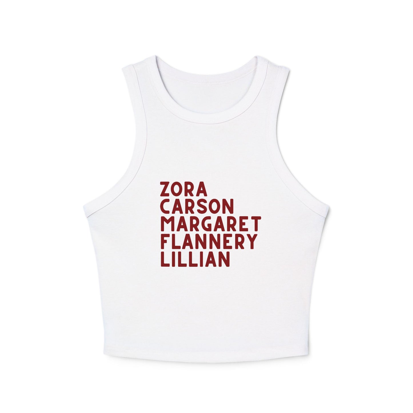 White women's tank top with red text "Zora, Carson, Margaret, Flannery, Lillian"