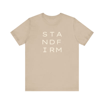 Tan t-shirt with cream 'STAND FIRM' text 