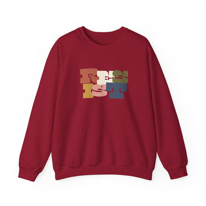 Red sweatshirt with colorful 'RESIST' text 
