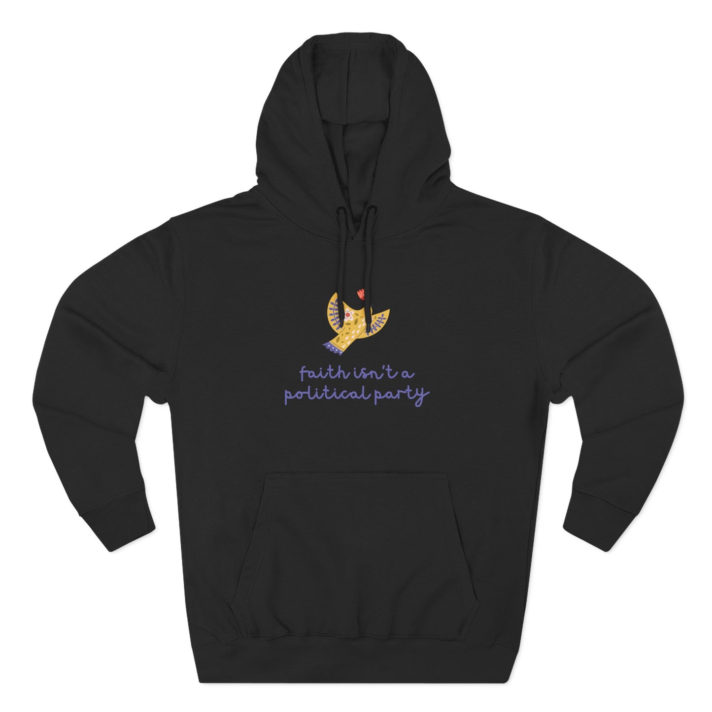 Black hoodie with folk art dove graphic and words in purple "faith isn't a political party"