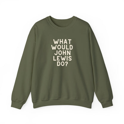 Military green unisex crewneck sweatshirt with 'What Would John Lewis Do?' cream text