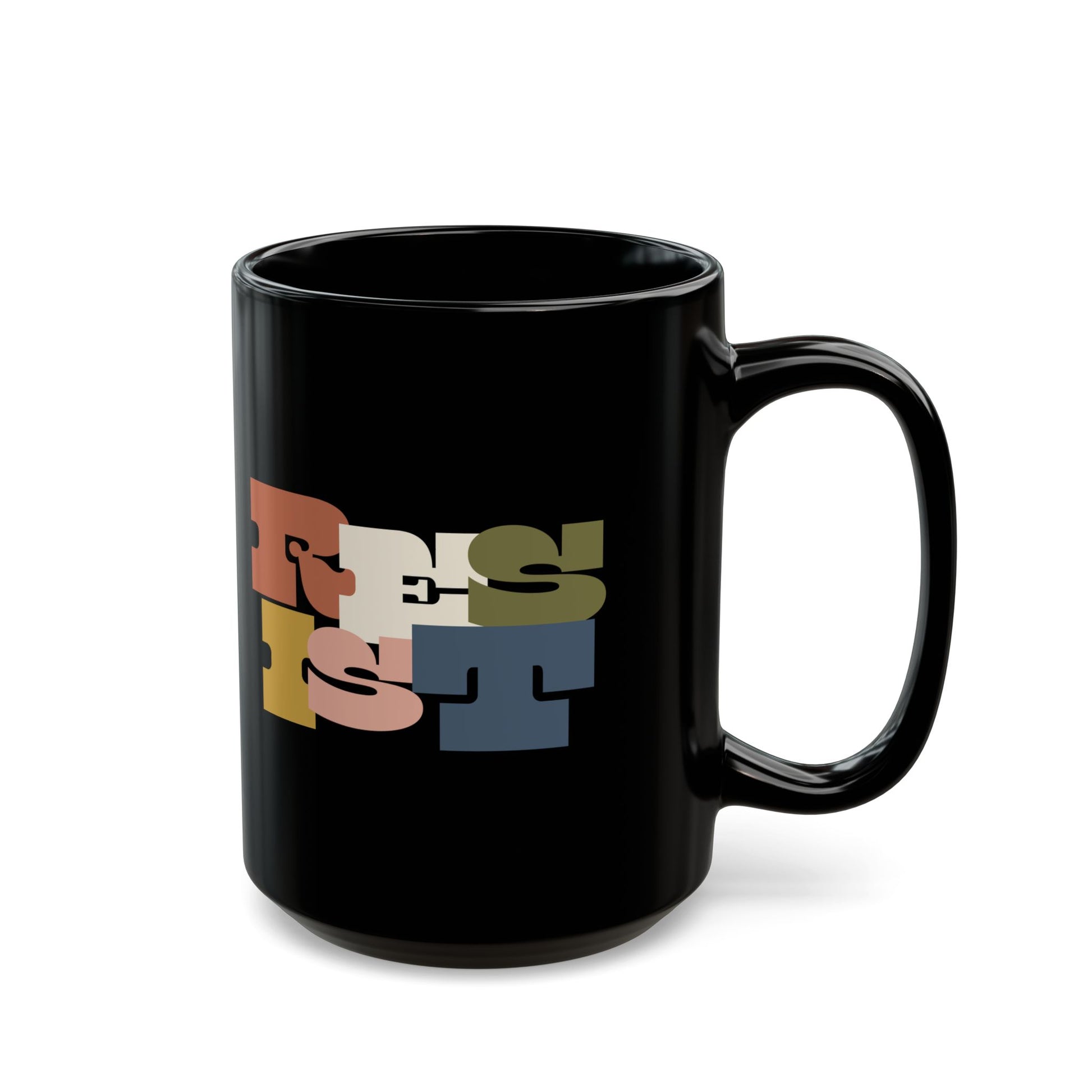 Black 15 oz mug with colorful text "RESIST"
