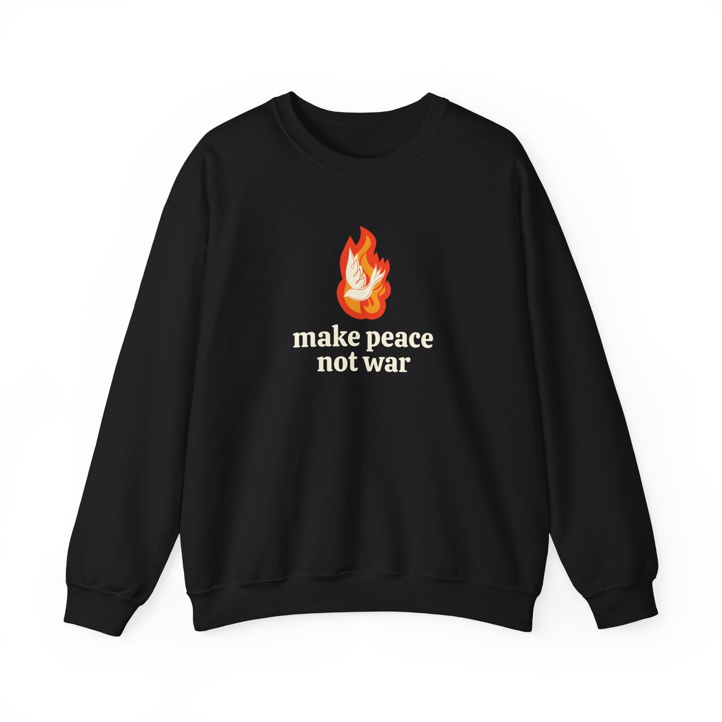Black sweatshirt with an orange flame graphic with a white dove over it and 'make peace not war' cream text