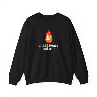 Black sweatshirt with an orange flame graphic with a white dove over it and 'make peace not war' cream text