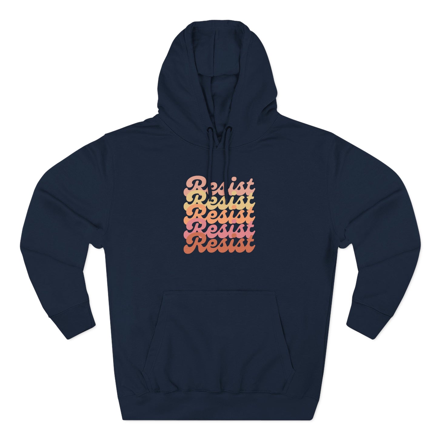 Navy blue hoodie with 'Resist' text in gradient colors 