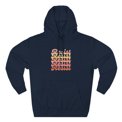 Navy blue hoodie with 'Resist' text in gradient colors 