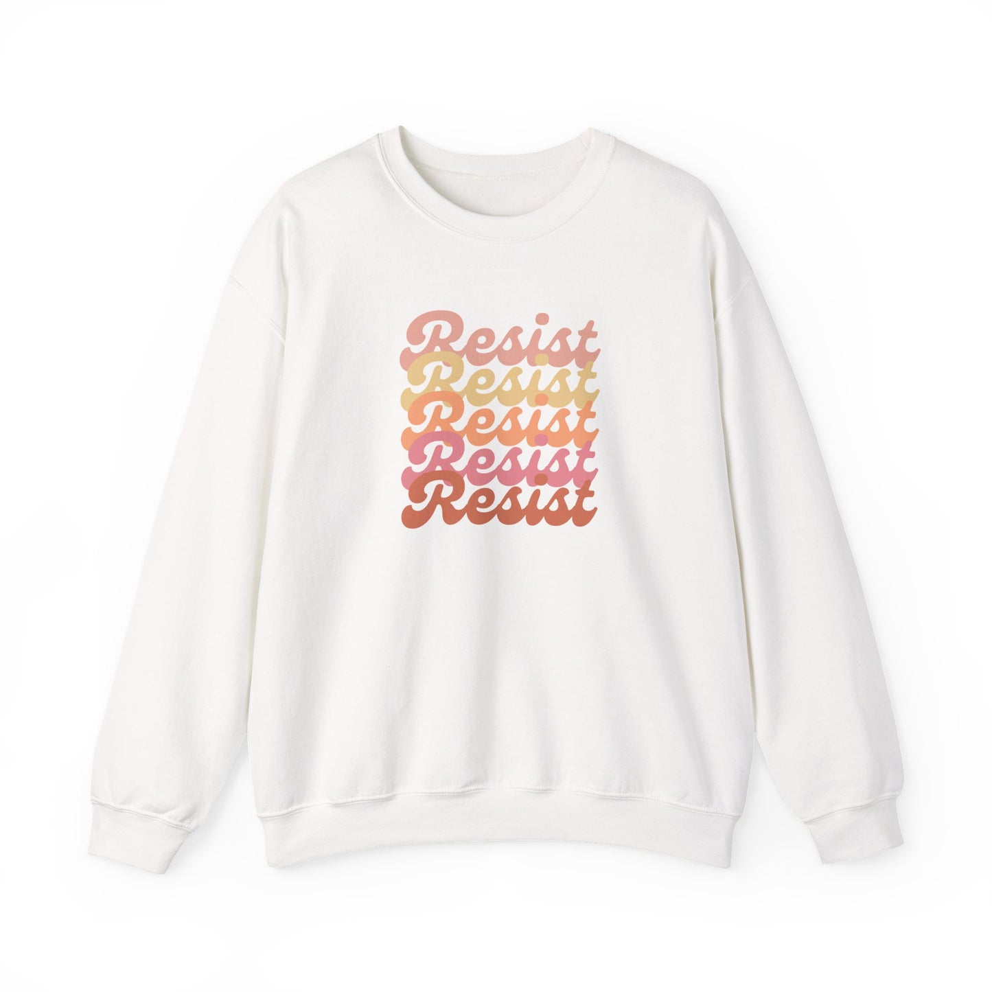White unisex crewneck sweatshirt with 'Resist' printed in gradient colors 