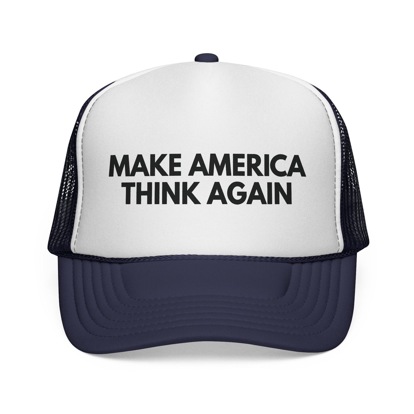 Navy blue and white mesh trucker cap with 'MAKE AMERICA THINK AGAIN' text in black
