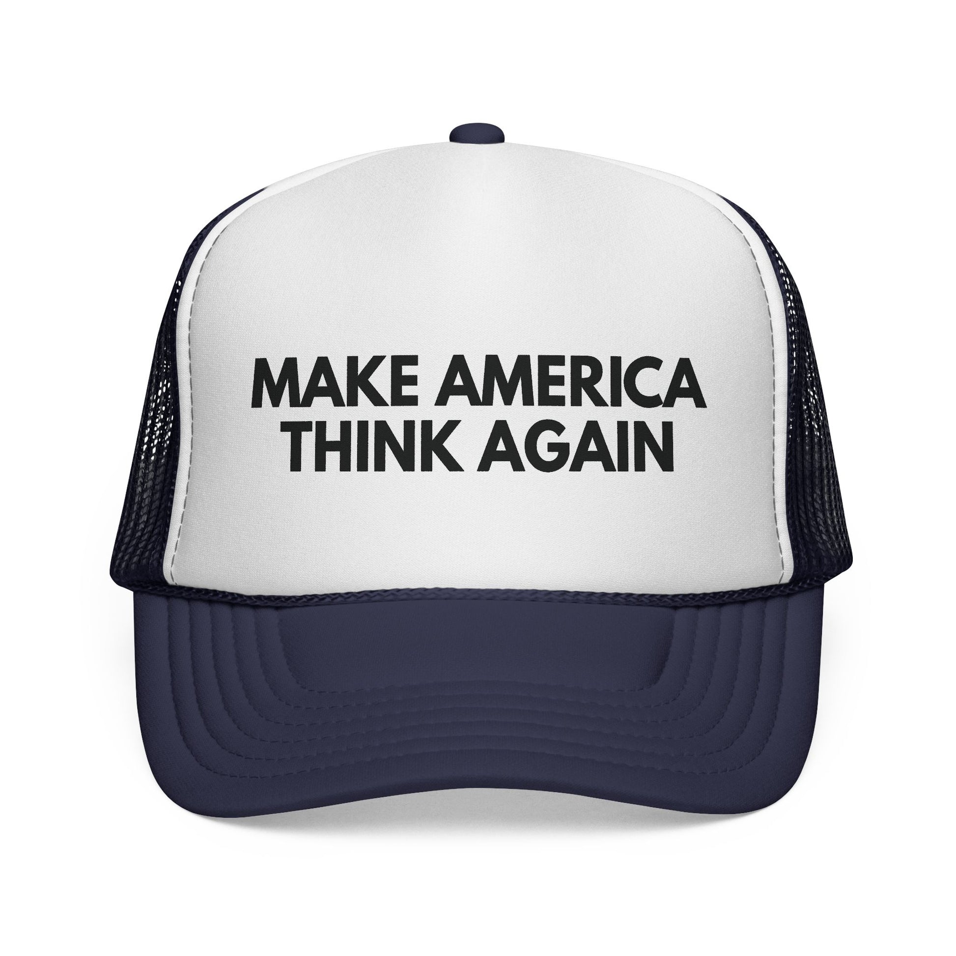Navy blue and white mesh trucker cap with 'MAKE AMERICA THINK AGAIN' text in black