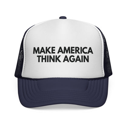 Navy blue and white mesh trucker cap with 'MAKE AMERICA THINK AGAIN' text in black