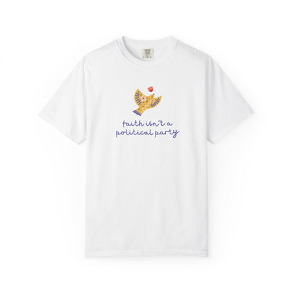 White t-shirt with a folk art dove graphic and purple text "faith isn't a political party"