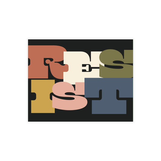 Black postcard with colorful letters spelling out RESIST