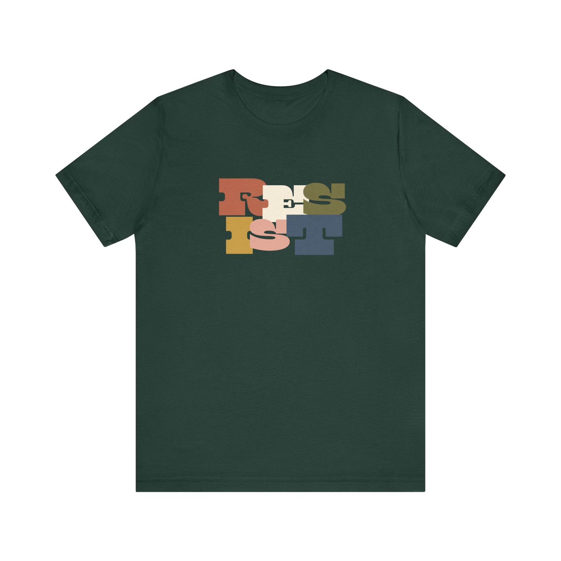 Dark green t-shirt with colorful 'RESIST' graphic 