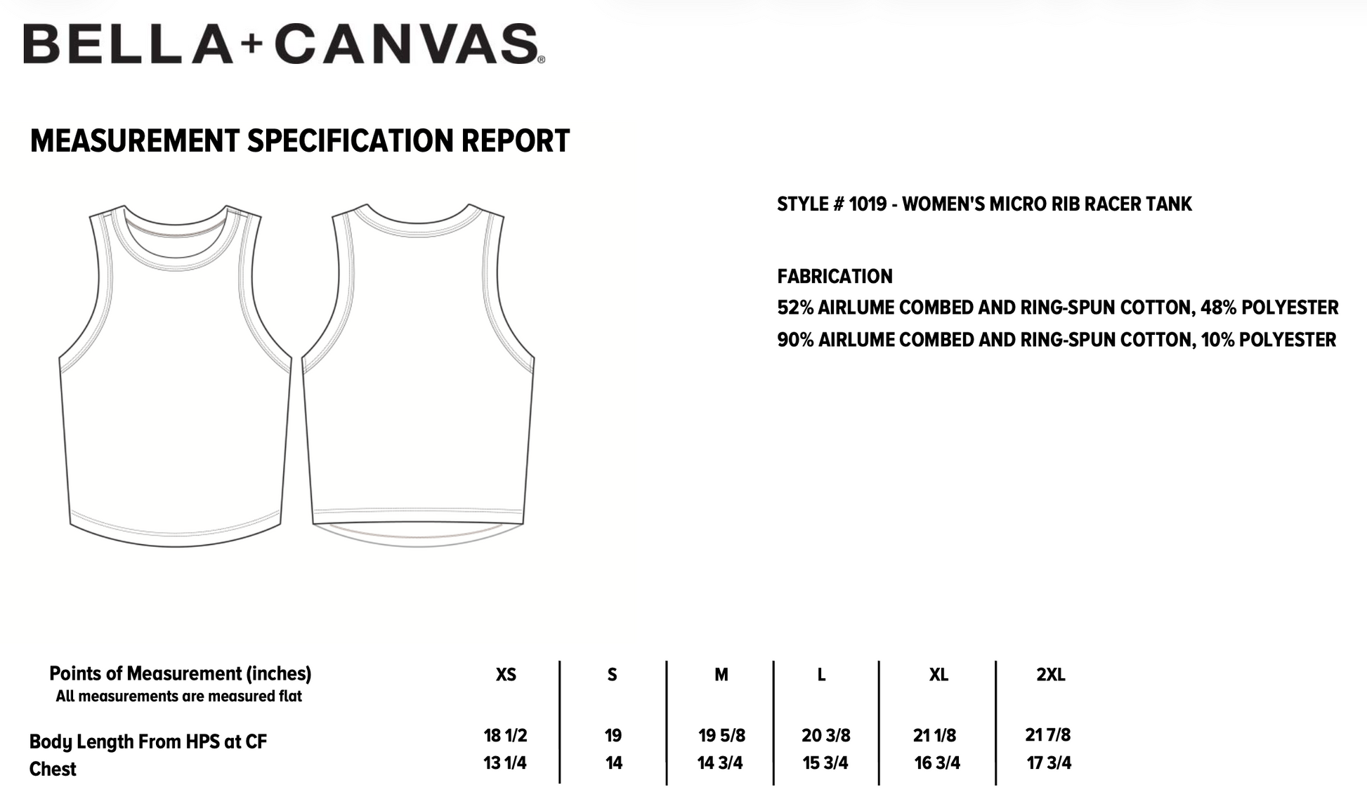 Bella Canvas 1019 racer tank size chart