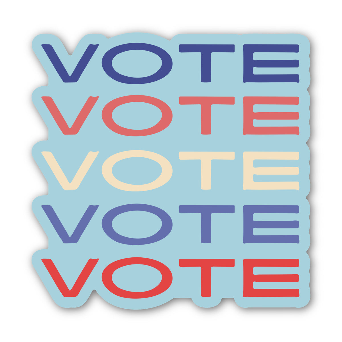 Sticker with light blue background and the word "VOTE" repeated 5 times in shades of red, blue and cream