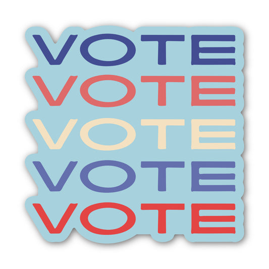 Sticker with light blue background and the word "VOTE" repeated 5 times in shades of red, blue and cream